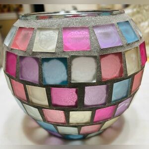 Vintage frosted glass mosaic votive. Approx 6” x 6”. Mint condition.